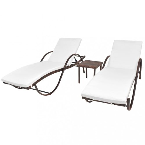 Napozóágyak, vidaXL 2 db barna polyrattan napozóágy asztallal