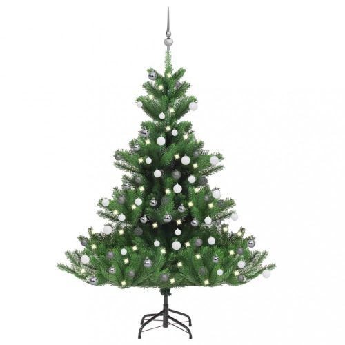 Karácsonyfák, vidaXL zöld nordmann műfenyő LED-fényekkel és gömbszettel 150 cm