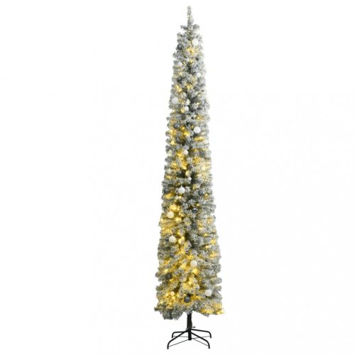 Karácsonyfák, vidaXL vékony karácsonyfa 300 LED-del gömbökkel és hópehellyel 270 cm