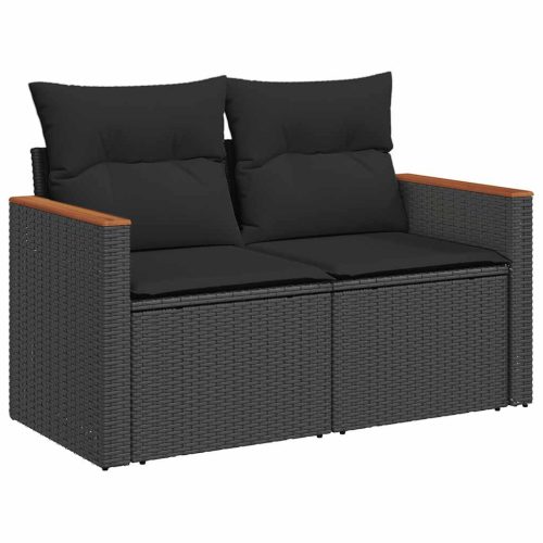 Kültéri kanapék, vidaXL 2 személyes fekete polyrattan kerti kanapé párnával