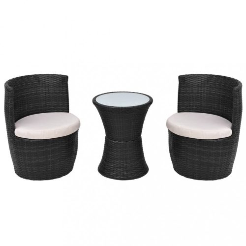 Kerti bútor szett, vidaXL 3 darabos fekete polyrattan bisztrószett párnákkal