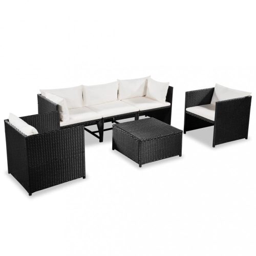 Kerti bútor szett, vidaXL 6-részes fekete polyrattan kerti bútorszett párnákkal