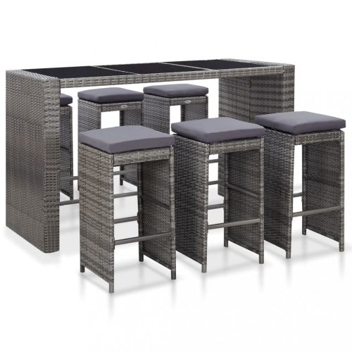 Kerti bútor szett, vidaXL 7 részes szürke polyrattan kerti bárszett párnákkal