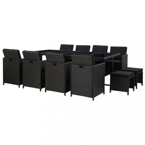 Kerti bútor szett, vidaXL 13 részes fekete polyrattan kültéri étkezőszett párnákkal