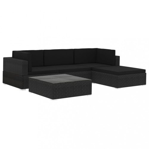 Kerti bútor szett, vidaXL 5-részes fekete polyrattan kerti bútorszett párnákkal