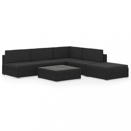 Kerti bútor szett, vidaXL 6 részes fekete polyrattan kerti bútorszett párnákkal