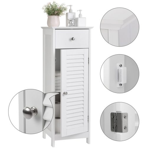 VASAGLE, Éjjeliszekrény, Tároló a fürdőszobába, Fa fiókkal, Rácsos ajtóval, Fehér,