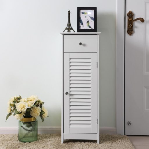 VASAGLE, Éjjeliszekrény, Tároló a fürdőszobába, Fa fiókkal, Rácsos ajtóval, Fehér,