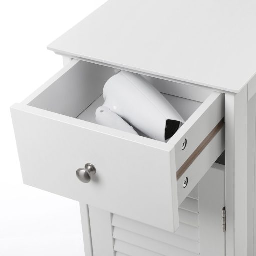 VASAGLE, Éjjeliszekrény, Tároló a fürdőszobába, Fa fiókkal, Rácsos ajtóval, Fehér,