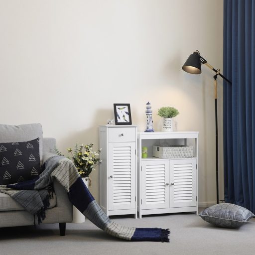 VASAGLE, Éjjeliszekrény, Tároló a fürdőszobába, Fa fiókkal, Rácsos ajtóval, Fehér,