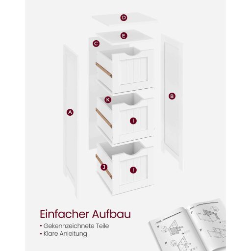 VASAGLE Fürdőszobai Padlószekrény, Keskeny Tárolóegység 3 Fiókkal, 32 x 30 x 81 cm,