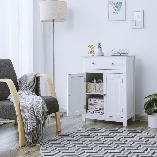 VASAGLE BBC61WT fürdőszobai fiókos szekrény, vidéki ház stílusú konyhaszekrény, fa, fehér,