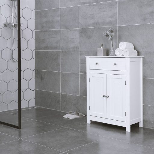 VASAGLE BBC61WT fürdőszobai fiókos szekrény, vidéki ház stílusú konyhaszekrény, fa, fehér,