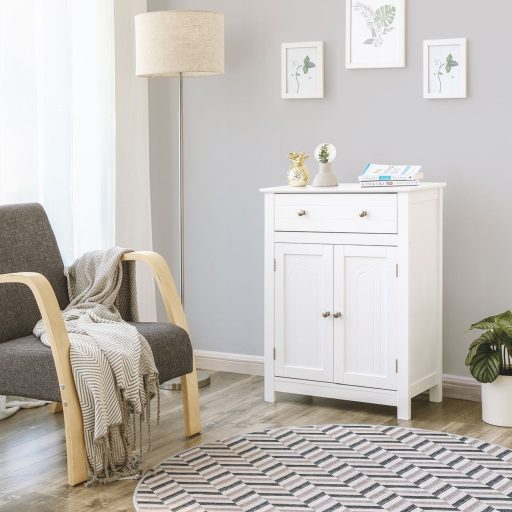 VASAGLE BBC61WT fürdőszobai fiókos szekrény, vidéki ház stílusú konyhaszekrény, fa, fehér,