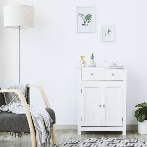 VASAGLE BBC61WT fürdőszobai fiókos szekrény, vidéki ház stílusú konyhaszekrény, fa, fehér,