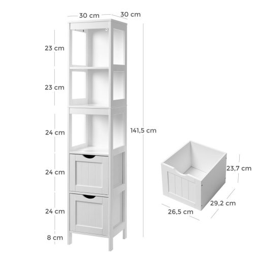 VASAGLE Magas szekrény, fürdőszobai szekrény, fürdőszobai kellékek tárolására, 2 fiókkal