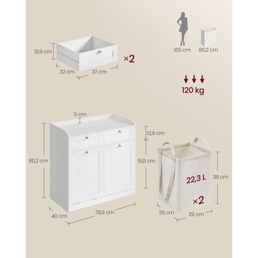 VASAGLE fürdőszobai szekrény szennyestartó kosarakkal, fürdőszobai tárolóegység 2 fiókkal