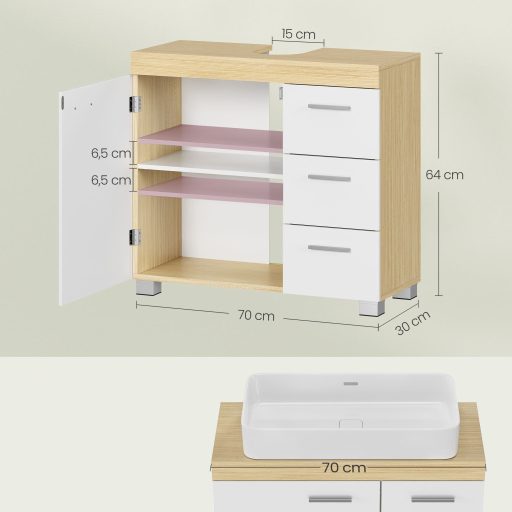 VASAGLE BBK503K01 Fésülködőasztal 3 Nagy Fiókkal, Fürdőszobai Szekrény, 2 Rekesz az Ajtó