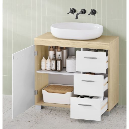 VASAGLE BBK503K01 Fésülködőasztal 3 Nagy Fiókkal, Fürdőszobai Szekrény, 2 Rekesz az Ajtó