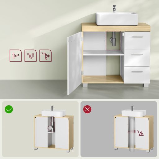 VASAGLE BBK503K01 Fésülködőasztal 3 Nagy Fiókkal, Fürdőszobai Szekrény, 2 Rekesz az Ajtó