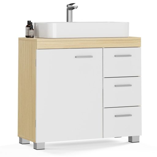 VASAGLE BBK503K01 Fésülködőasztal 3 Nagy Fiókkal, Fürdőszobai Szekrény, 2 Rekesz az Ajtó