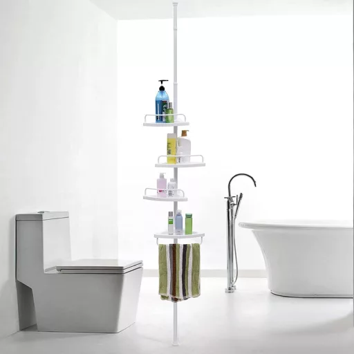 SONGMICS Állítható Fürdőszobai Sarokpolc, Teleszkópos Zuhanykabin Polc, 85-305 cm, Padlótól