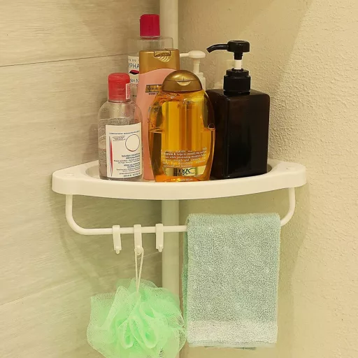 SONGMICS Állítható Fürdőszobai Sarokpolc, Teleszkópos Zuhanykabin Polc, 85-305 cm, Padlótól