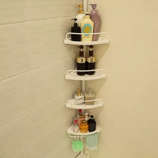 SONGMICS Állítható Fürdőszobai Sarokpolc, Teleszkópos Zuhanykabin Polc, 85-305 cm, Padlótól