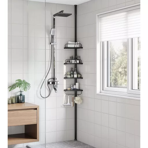 SONGMICS Állítható Fürdőszobai Sarokpolc, Teleszkópos Zuhanykabin Polc, 85-305 cm, Padlótól