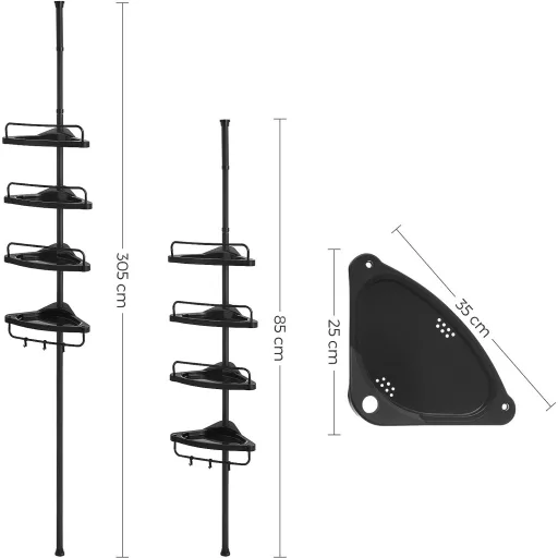 SONGMICS Állítható Fürdőszobai Sarokpolc, Teleszkópos Zuhanykabin Polc, 85-305 cm, Padlótól