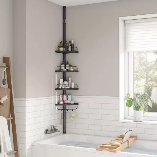 SONGMICS Állítható Fürdőszobai Sarokpolc, Teleszkópos Zuhanykabin Polc, 85-305 cm, Padlótól