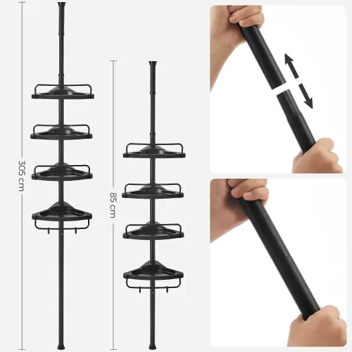 SONGMICS Állítható Fürdőszobai Sarokpolc, Teleszkópos Zuhanykabin Polc, 85-305 cm, Padlótól