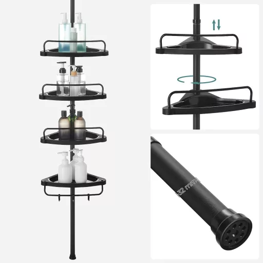 SONGMICS Állítható Fürdőszobai Sarokpolc, Teleszkópos Zuhanykabin Polc, 85-305 cm, Padlótól