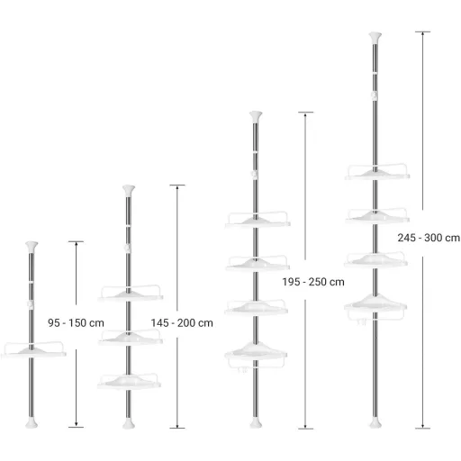 SONGMICS Állítható Fürdőszobai Sarokpolc, Teleszkópos Zuhanykabin Polc, 95-300 cm, Padlótól