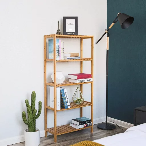 SONGMICS BCB35Y Fürdőszoba Konyhai Tároló Bambusz 5 Polcos Állítható Magasságú