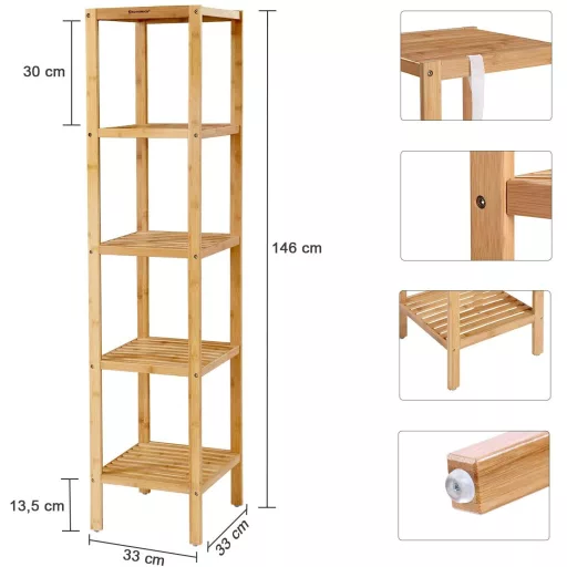 SONGMICS 5 szintes bambusz fürdőszobai polc, álló konyhai állvány, 33 x 33 x 146 cm (H x Sz x