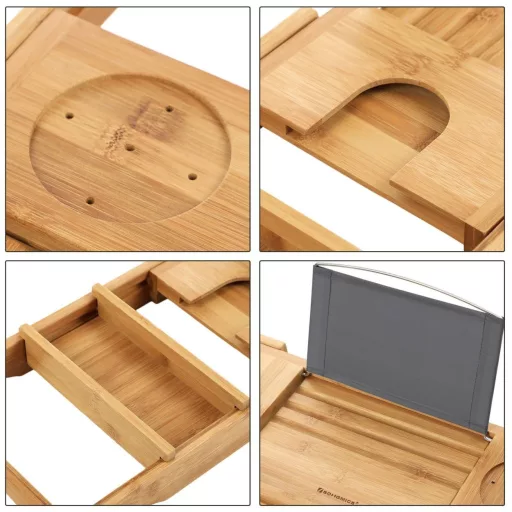 SONGMICS BCB88Y Kihúzható Bambusz Fürdőpolc Ital-, Könyv- és Szappantartóval 75-109 x 4,5 x