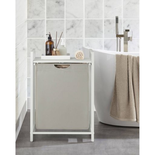 VASAGLE Szennyestartó Kosár, Szennyestartó, Kihúzható és Kivehető Szennyestáska, Polc, Fém