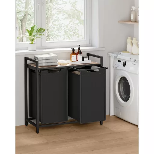 Szennyestartó, 2 rekeszes, kihúzható és levehető zsákkal, fém keret, 2x46L