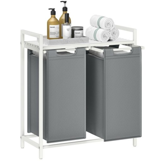 VASAGLE Szennyestartó Kosár, 2 Rekeszes, Polcos Szennyestartó Kosár, Oxford Szövet