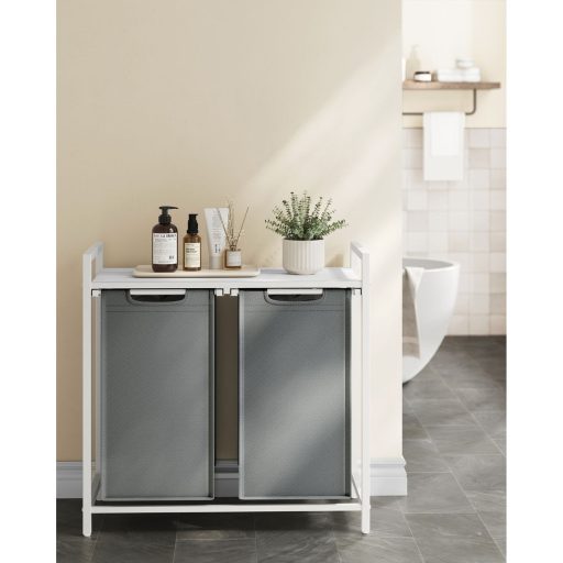 VASAGLE Szennyestartó Kosár, 2 Rekeszes, Polcos Szennyestartó Kosár, Oxford Szövet