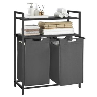 VASAGLE Szennyestartó 2 Rekesszel, Szennyestartó Polcokkal, Szennyesszortírozó, Kihúzható és