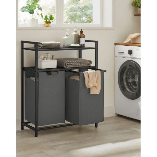 VASAGLE Szennyestartó 2 Rekesszel, Szennyestartó Polcokkal, Szennyesszortírozó, Kihúzható és