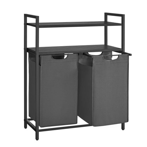VASAGLE Szennyestartó 2 Rekesszel, Szennyestartó Polcokkal, Szennyesszortírozó, Kihúzható és