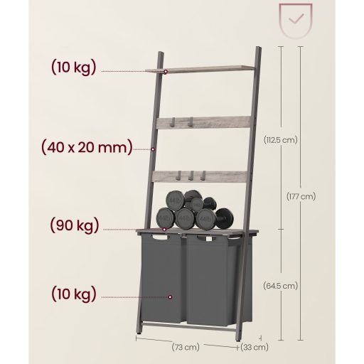 VASAGLE szennyestartó létrával, törölközőtartó szennyestartóval, 73 x 33 x 177 cm,
