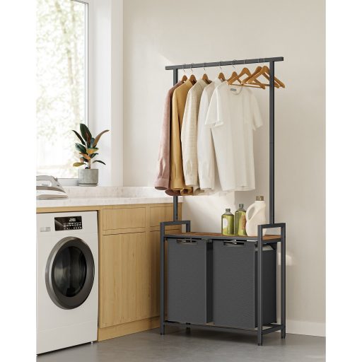 VASAGLE BLH241B01 Szennyestartó, 2 rekesszel és akasztós polccal, kivehető kihúzható kosárral