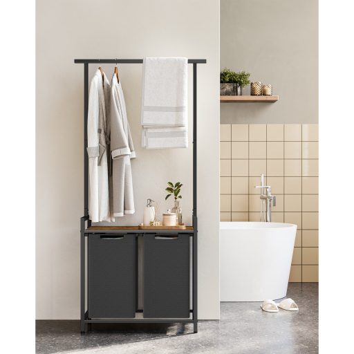 VASAGLE BLH241B01 Szennyestartó, 2 rekesszel és akasztós polccal, kivehető kihúzható kosárral