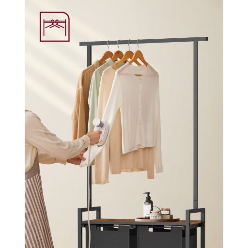 VASAGLE BLH241B01 Szennyestartó, 2 rekesszel és akasztós polccal, kivehető kihúzható kosárral