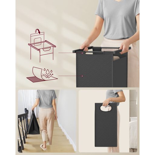 VASAGLE BLH241B01 Szennyestartó, 2 rekesszel és akasztós polccal, kivehető kihúzható kosárral