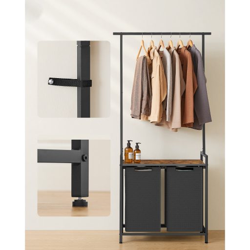 VASAGLE BLH241B01 Szennyestartó, 2 rekesszel és akasztós polccal, kivehető kihúzható kosárral